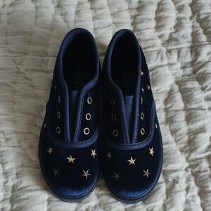 Mini Boden Navy Velvet Slip-Ons with Gold Star Accents